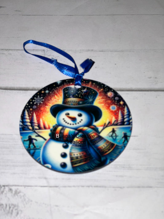 Snowman Sunset Ornament Disk