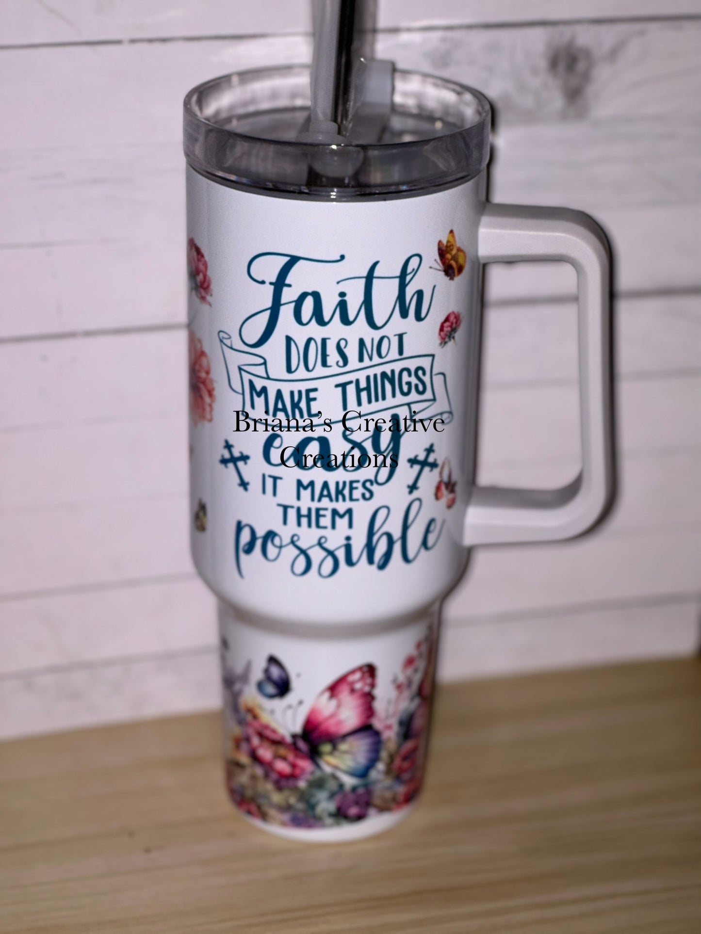 Faith Butterfly 40z Handle Sublimation Tumbler