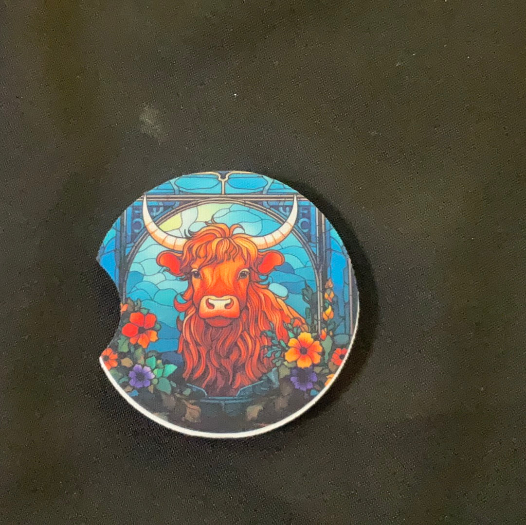 Highland Cow Stained Glass Single Car Coaster