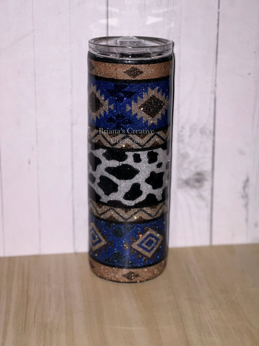 Blue Southwest Cow Print Glitter Epoxy 20oz Tumbler