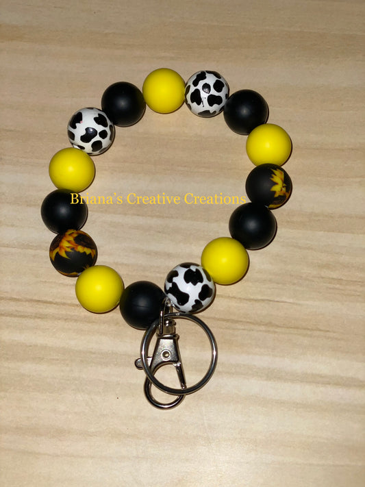 Sunflower Cow Bead Wristlet Keychain